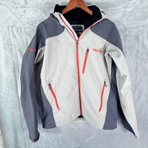Marmot softshell hooded jacket small gray orange zip pockets